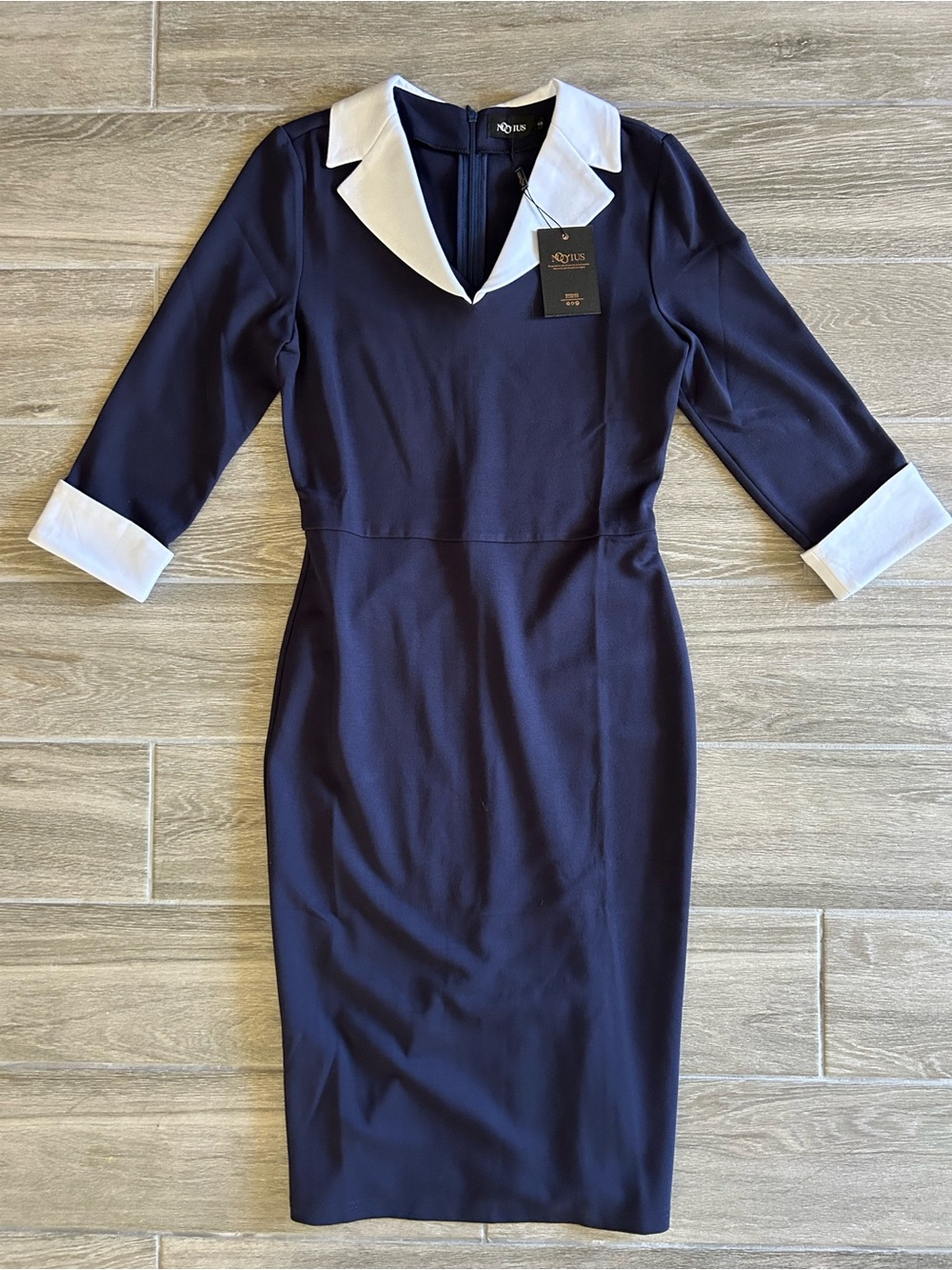 Navy Midi Sheath Dress with White Collar and Cuffs